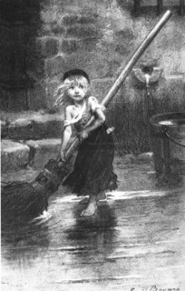Cosette sweeping, engraving illustrating Victor Hugo's novel 'Les Misérables'
