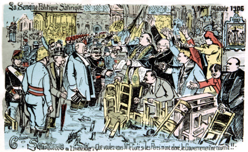 Satirical postcard about the division between church and state. Prefect Louis Lépine (1846-1933) is to be seen.