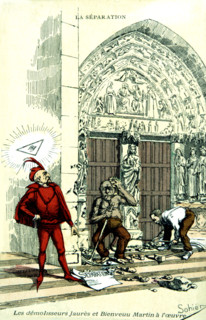 Anti-masonic satirical postcard about the division between church and state. Jean Jaurès (1859-1914) is to be seen.