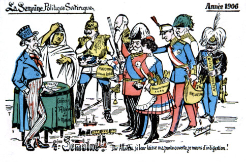 Satirical postcard on colonization during the Algesiras Conference, about German expectations on Morocco.
