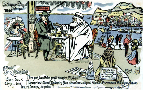 Satirical postcard on colonization during the Algesiras Conference, about German expectations on Morocco.
