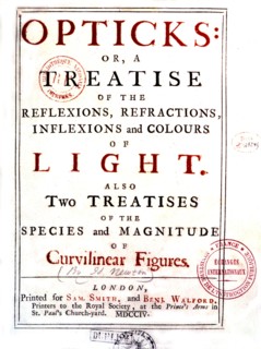 Isaac Newton, "Optique". Page de titre de l'édition originale publiée à Londres