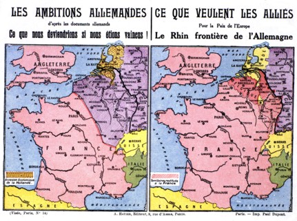World War I. Postcard printed by the Ligue des patriotes: maps showing German ambitions (1915)