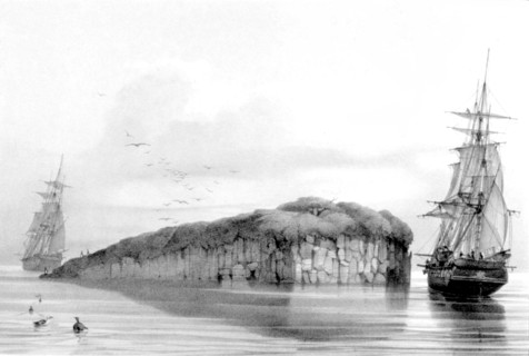 Ilot basaltique dans la baie Sarah's. in "Voyage au Pôle sud et dans l'Océanie"