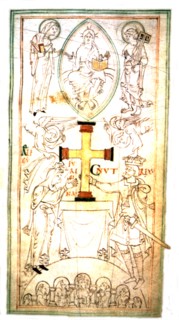 Le roi du Danemark Knut le Grand et la reine Emma offrent une croix d'autel au monastère de Winchester