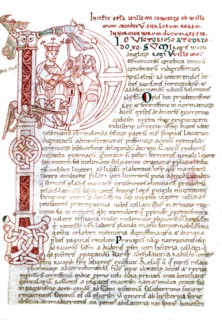 Guillaume de Jumièges, Cesta Normanorum. f° 116, lettre ornée, Guillaume le conquérant reçoit le manuscrit du chroniqueur