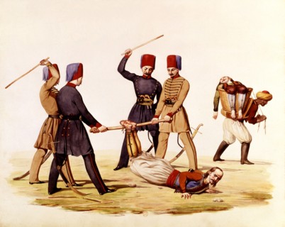 Drawing in colour by Alex Müller in "Tortures of the Mahometans"