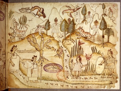 Azcatitlan codex. f° 5, The Aztecs crossing mountains