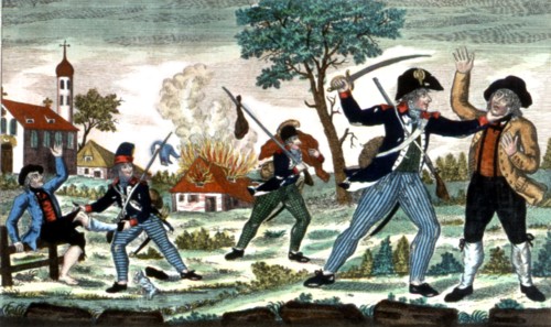 German coloured engraving, French soldiers striping German peasants of their possessions