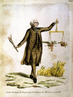Colorized engraving, 'In the hand of Target, the scale of Themis is right