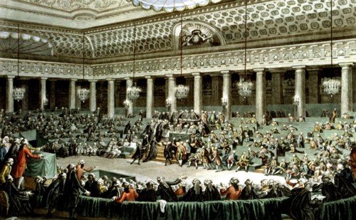 Engraved after a drawing by C. Monnet. National Assembly, in Versailles, session of the night between August 4 and 5, 1789
