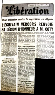 War in Algeria. Writer Vercors giving back his Legion of Honour to President Coty, in the newspaper