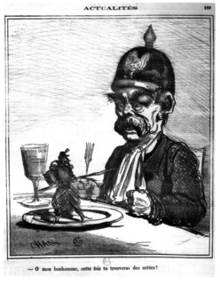 Satirical cartoon by Cham, the Prussian and the French after the victory at Sadowa in 1866