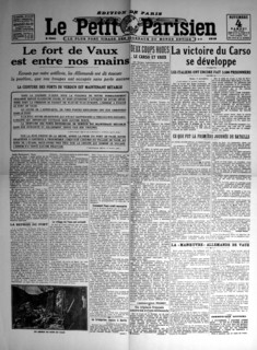 Front page of 'Le Petit Parisien' announcing the storming of the fortress in Vaux