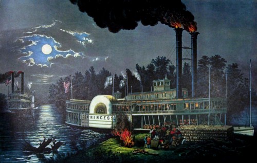 Litograph by Currier and Ives, Wooding up on the Mississippi