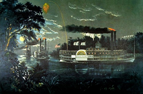 Litograph by Currier and Ives, Rounding a bend on the Mississippi