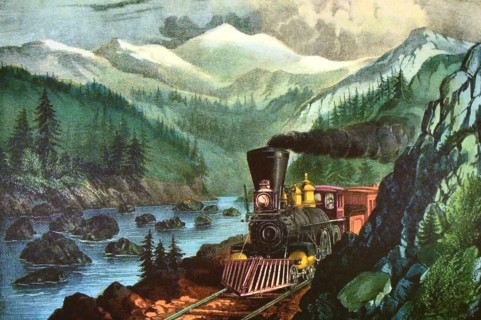 Litograph by Currier and Ives, Californian Road winding near the river Sierra Nevada