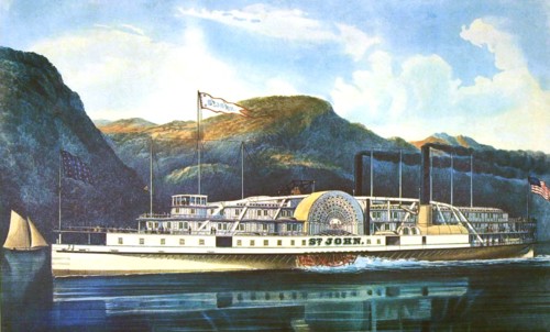 Litograph by Currier and Ives, Steam boat 'St. John' on the Hudson river