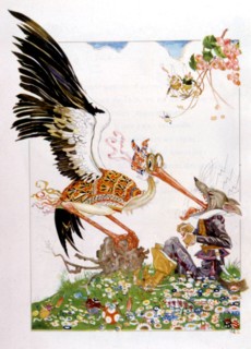 Illustration d'une Fable de La Fontaine : Le loup et la cigogne
