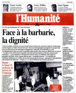 An edition of the newspaper "L'Humanité". Paris. After the attack in the R.E.R. at Saint-Michel