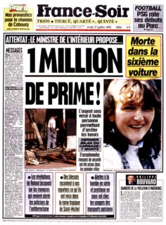 An edition of the newspaper "France-Soir. Paris. After the attack in the R.E.R. at the Saint-Michel station