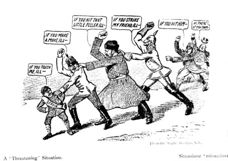 Threatening situation : Serbia (Yugoslavia), having captured a port on the Adriatic, is threatened by Austria, who sees the capture as a gain for Russia. Russia comes to the aid of Serbia and threaten...