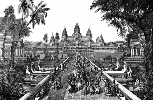 Angkor Wat. View of the West Way and all of the great temple. Engraving taken from "Monuments of Cambodia" by Louis Delaporte.