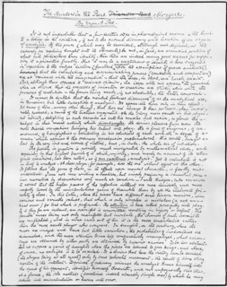 Fac-similé de la première page du manuscrit "Double assassinat dans la rue Morgue", par E. Allan Poe