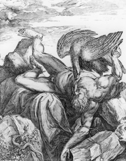 Prométhée enchaîné à un rocher tandis qu'un aigle lui dévore le foie