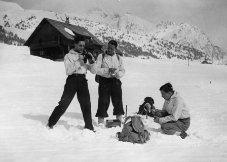 Paul Emile Victor, Robert Gessain and M. Michel Perez shortly before the start of their expedition to Greenland. Montgenèvre. France. Photograph. March 2nd 1936.