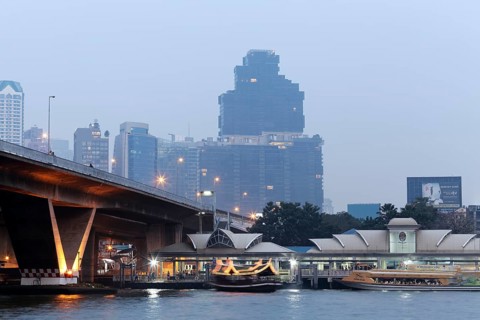 Saphan Taksin Bridge and Sathon Central Pier at the Mae Nam Chao Phraya River