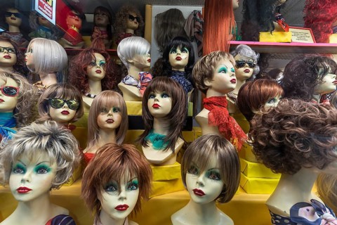 Shop window of a wig store