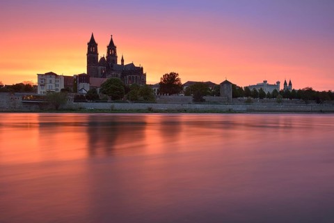 View over river Elbe to Magdeburg Cathedral