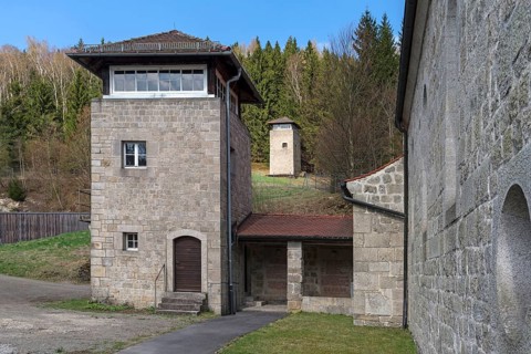 Former watchtowers in the concentration camp memorial Flossenburg