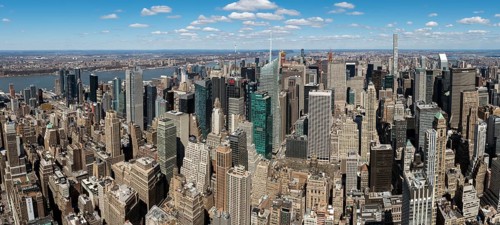 Panoramic view of skycrapers around Times Square and Midtown Manhattan from Empire State Building