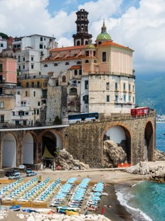 View of the village with lido and church Collegiate Santa Maria Maddalena