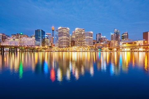 Skyline with skyscrapers in Darling Harbour at dusk