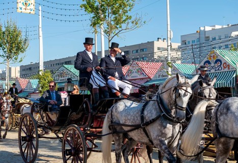 Festive horse-drawn carriage in front of Casetas