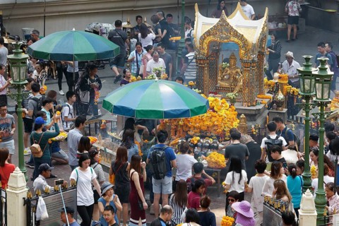 Many people at the Erawan Shrine with Hindu-God Brahma