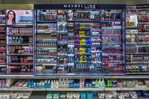 Shelf with cosmetic articles in a supermarket