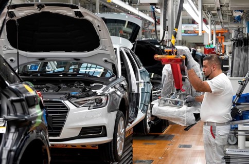 Installation of the front seats on the assembly line of the Audi A3 at the Audi AG plant in Ingolstadt