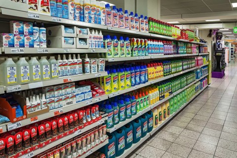 Shelf with cleaning materials in a supermarket