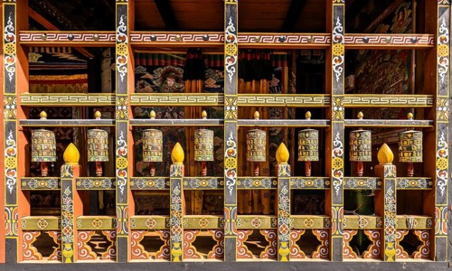 Prayer mills and mural painting in the monastery fortress