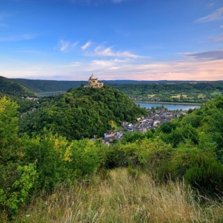 View of the Marksburg castle and the city of Braubach am Rhein
