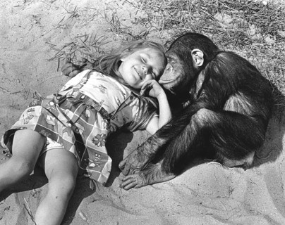Girl and chimpanzee cuddling on the beach