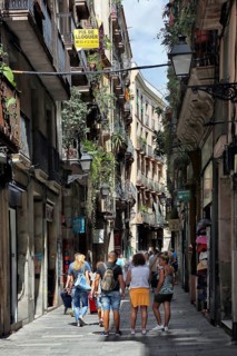 People in narrow street between houses