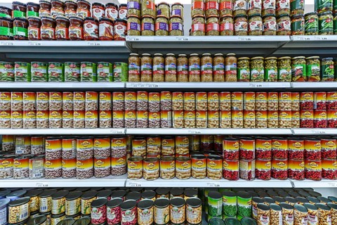 Canned vegetables on a shelf in a Turkish supermarket