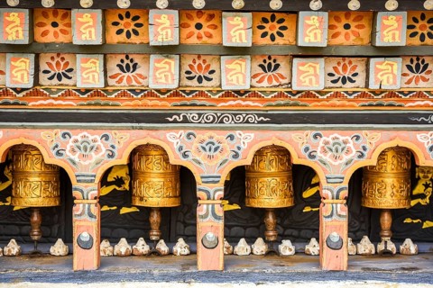 Buddhist prayer wheels in a temple