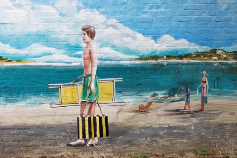 Man in swimming trunks going to the beach