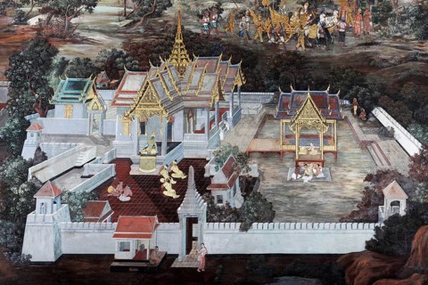 Buddhist temple complex with scene from Ramakia